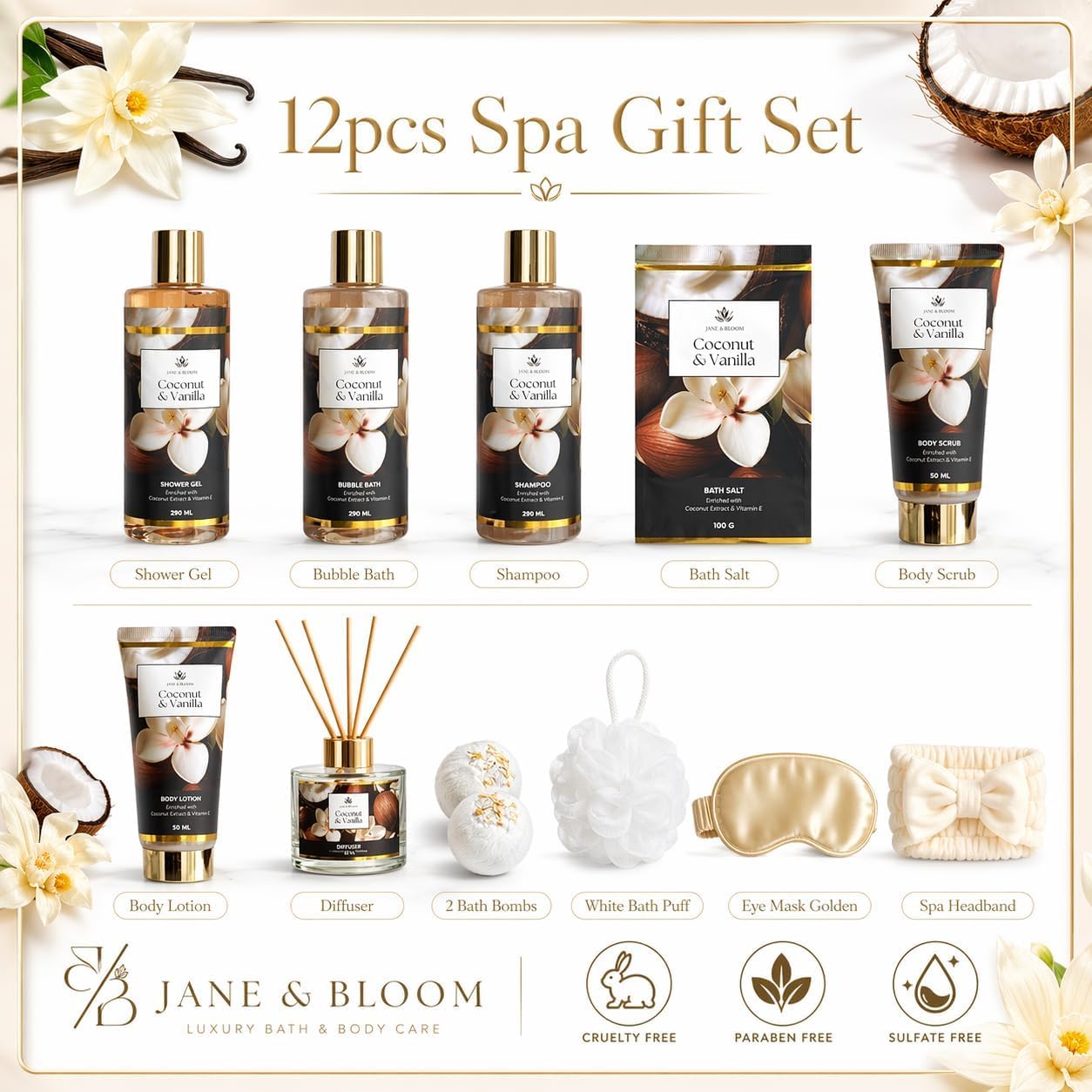 12 Piece Coconut and Vanilla Spa Gift Set with Diffuser