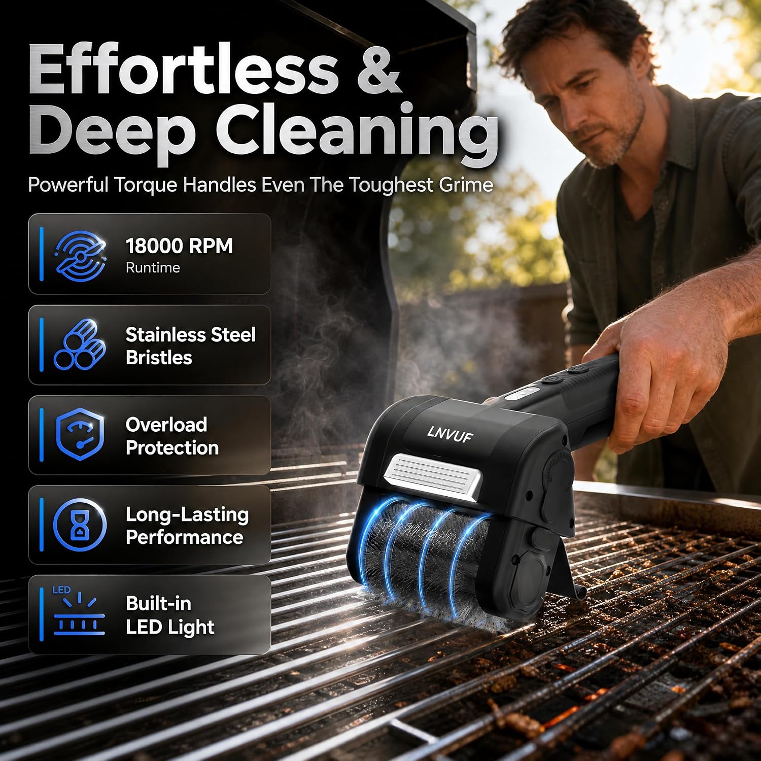 Electric Grill Brush with LED Light and 800 RPM Motor