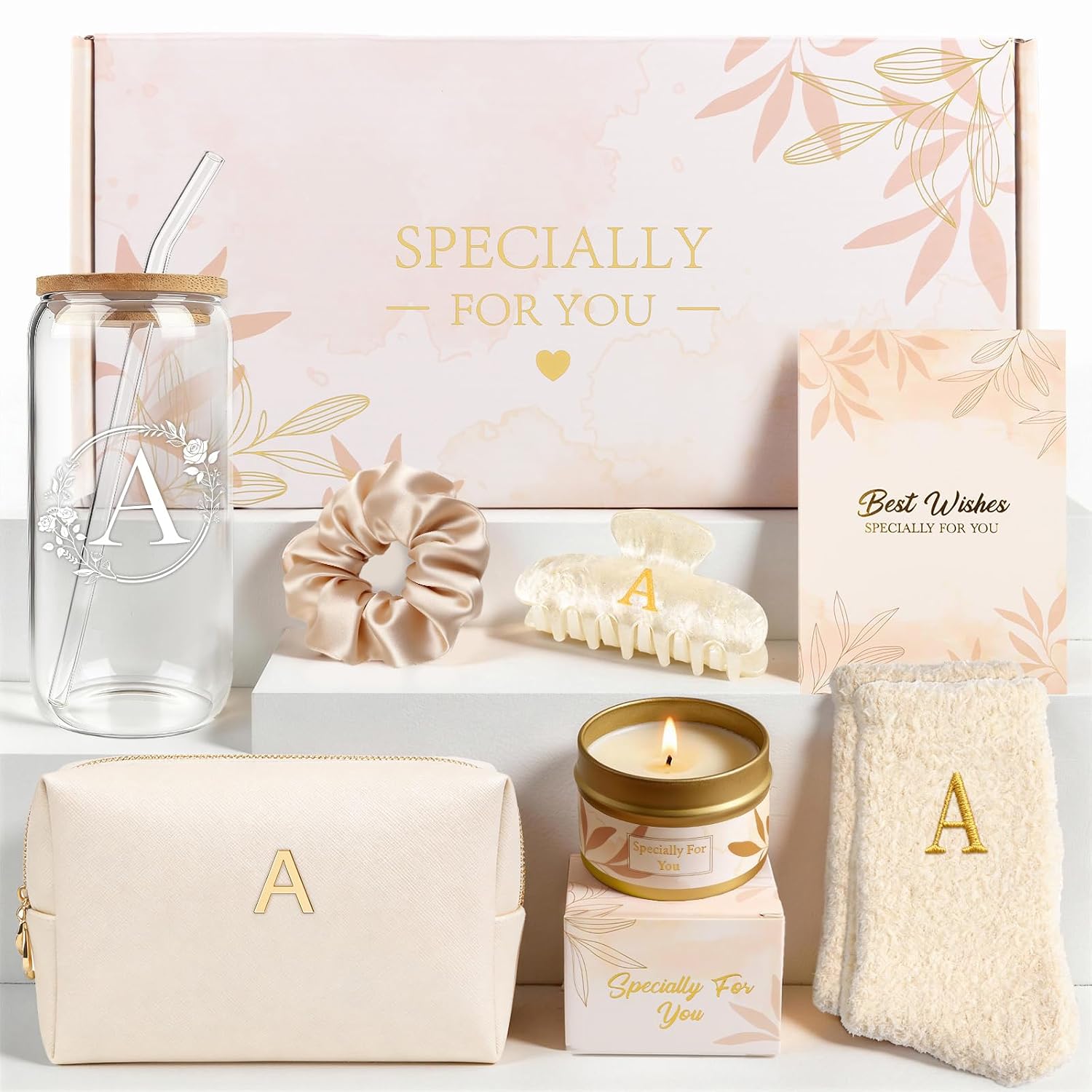 Initial Hair Clips with Glass Cups, Lids and Straws Gift Set