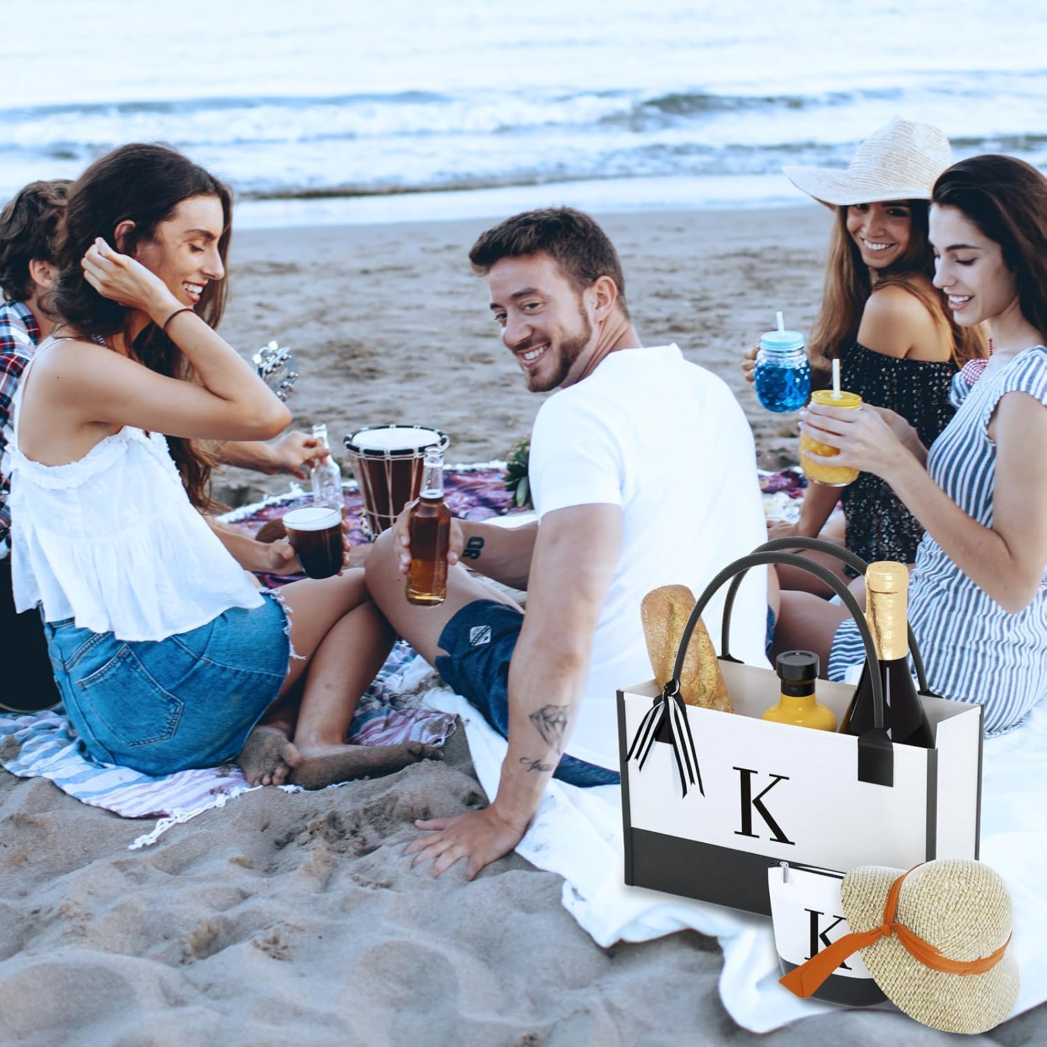 Monogrammed Canvas Tote Bag with Zipper Pocket